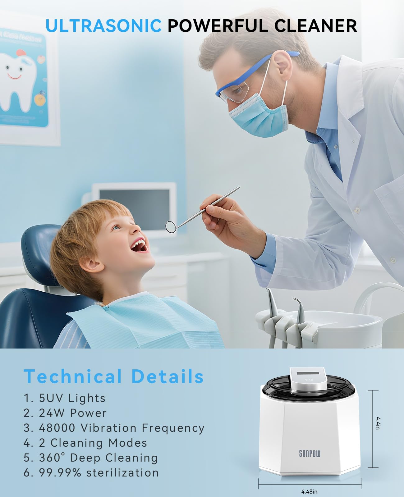 SUNPOW Ultrasonic Retainer Cleaner – 48kHz, 5 UV Lights, 220ml Cleaning Pod
