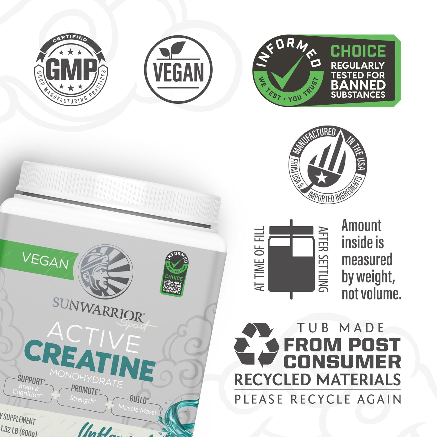 Sunwarrior Creatine Monohydrate Powder – Unflavored, 120 Servings | Vegan & Keto