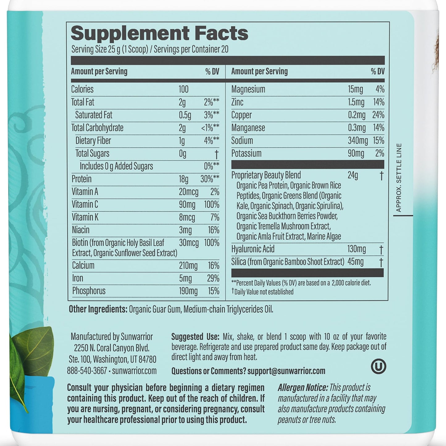 Sunwarrior Vegan Collagen Building Powder – Plant-Based Protein Peptide with Biotin, Vitamin C & Hyaluronic Acid (Unflavored)