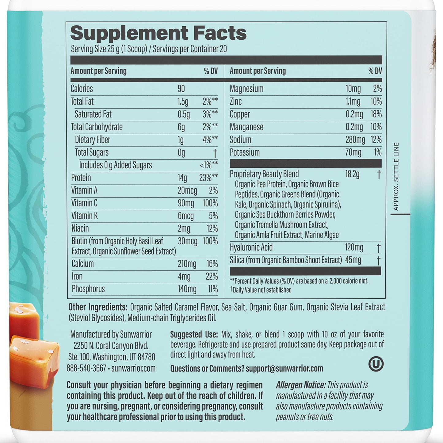 Sunwarrior Vegan Collagen Protein Powder for Women – Plant-Based, Salted Caramel, 20 Servings