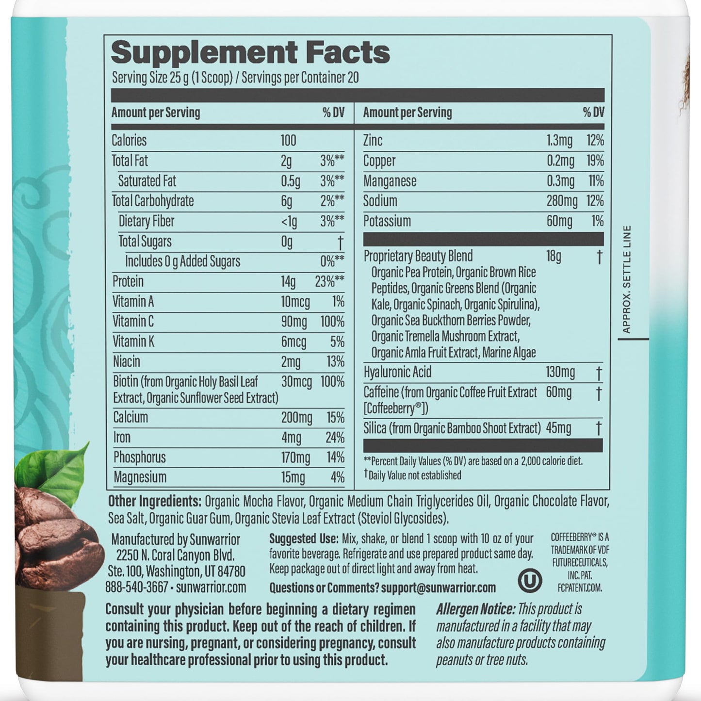 Sunwarrior Vegan Collagen Protein Powder for Women – Coffee Flavor, Plant-Based, Non-GMO, 20 Servings
