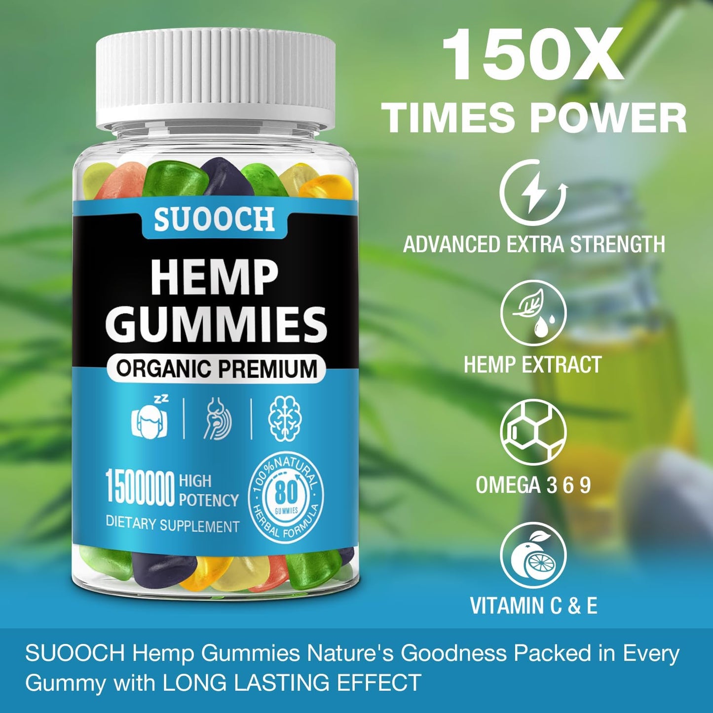 SUOOCH 4 Packs Natural Hemp Gummies | High-Potency Hemp Oil Extract | Gluten-Free Gummies for Adults
