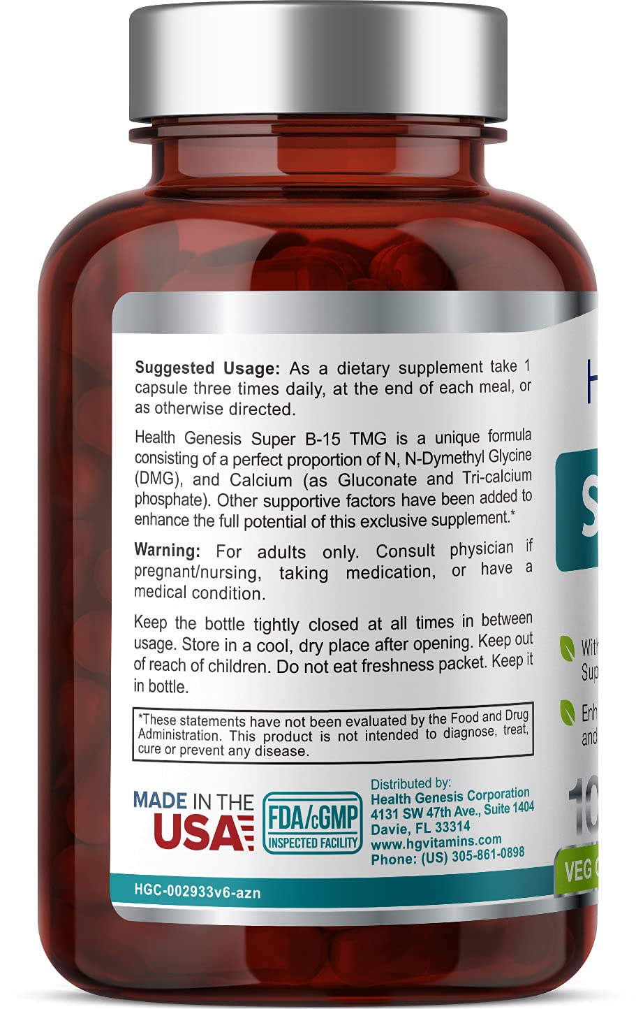 Super B-15 100 Vcaps - Niacin Calcium Choline Inositol DMG TMG - Supports Healthy Oxygen Energy Levels