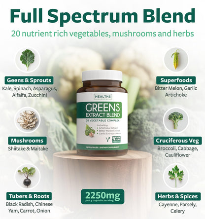 Super Greens Antioxidants 2250mg – 20 Ingredients | Vegan NON-GMO Capsules
