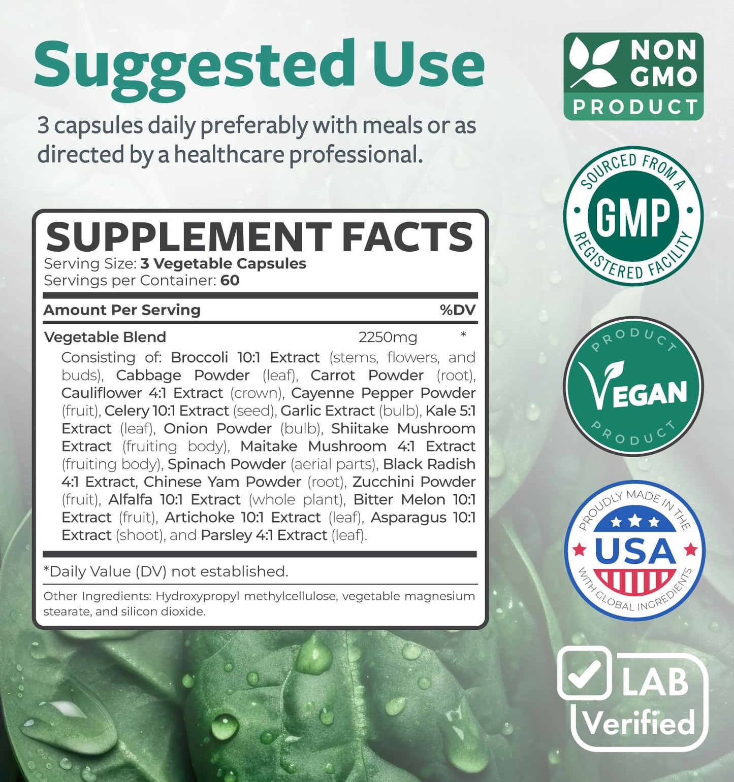 Super Greens Antioxidants 2250mg – 20 Ingredients | Vegan NON-GMO Capsules