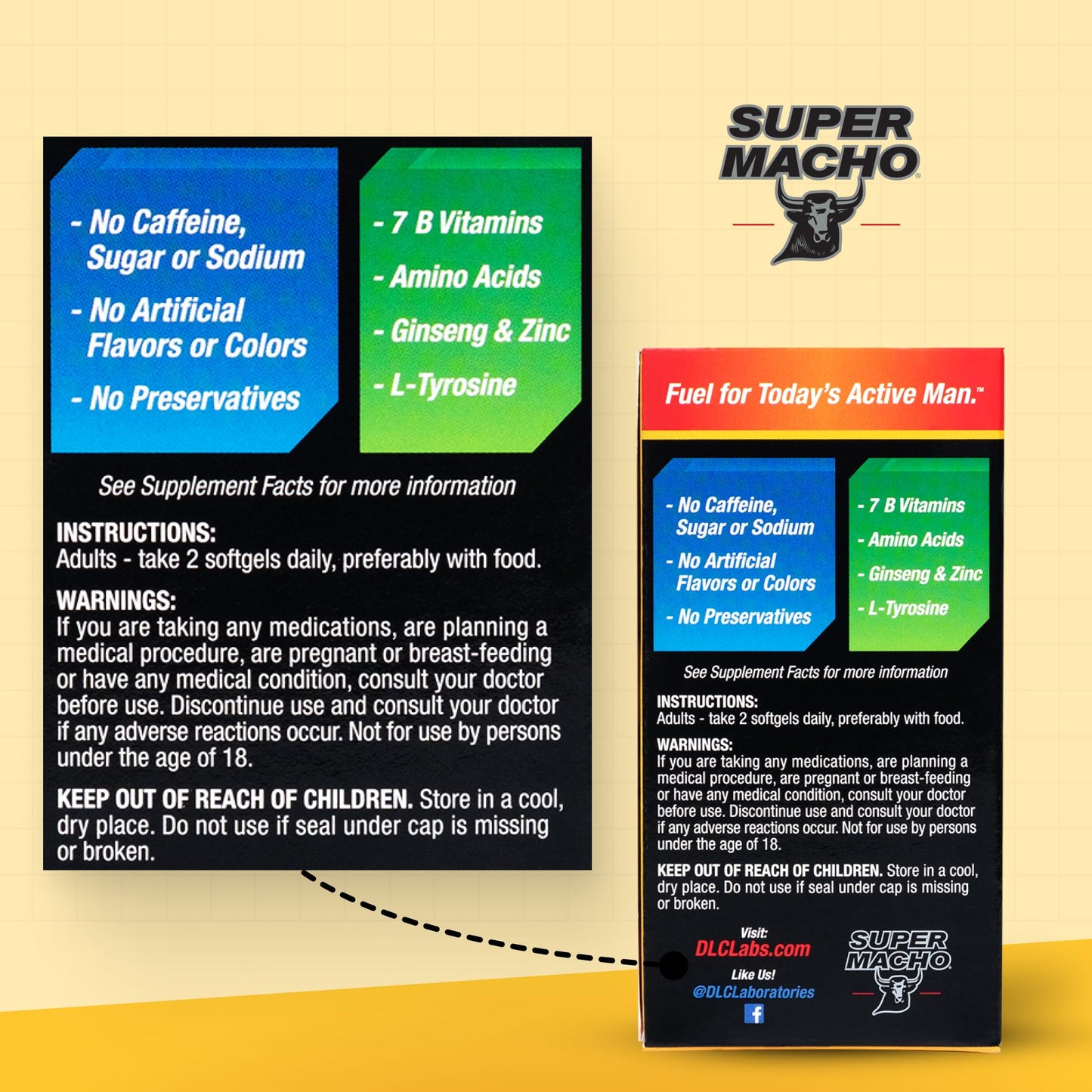 Super Macho, High Potency B Vitamins and Amino Acids, Fuel for Today's Active Men, No Caffeine, No Sugar, Dietary Supplement, Made in USA, 50 Softgels