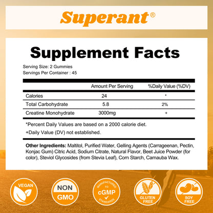 SUPERANT Creatine Gummies – 1.5g per Gummy, 90-count, Vegan