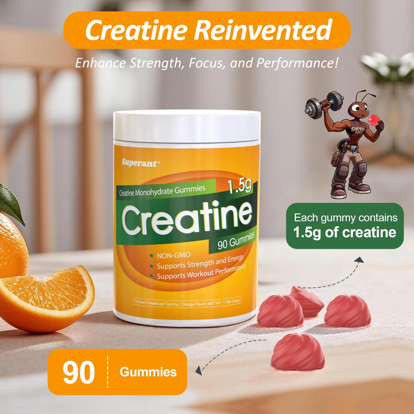 SUPERANT Creatine Gummies – 1.5g per Gummy, 90-count, Vegan