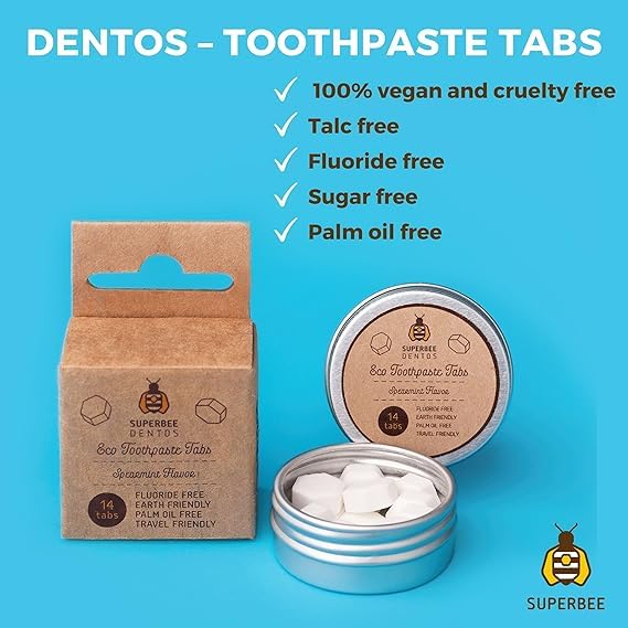 SuperBee Dentos Toothpaste Tablets – 14 Tabs, Fluoride Free, Spearmint, Eco-Friendly