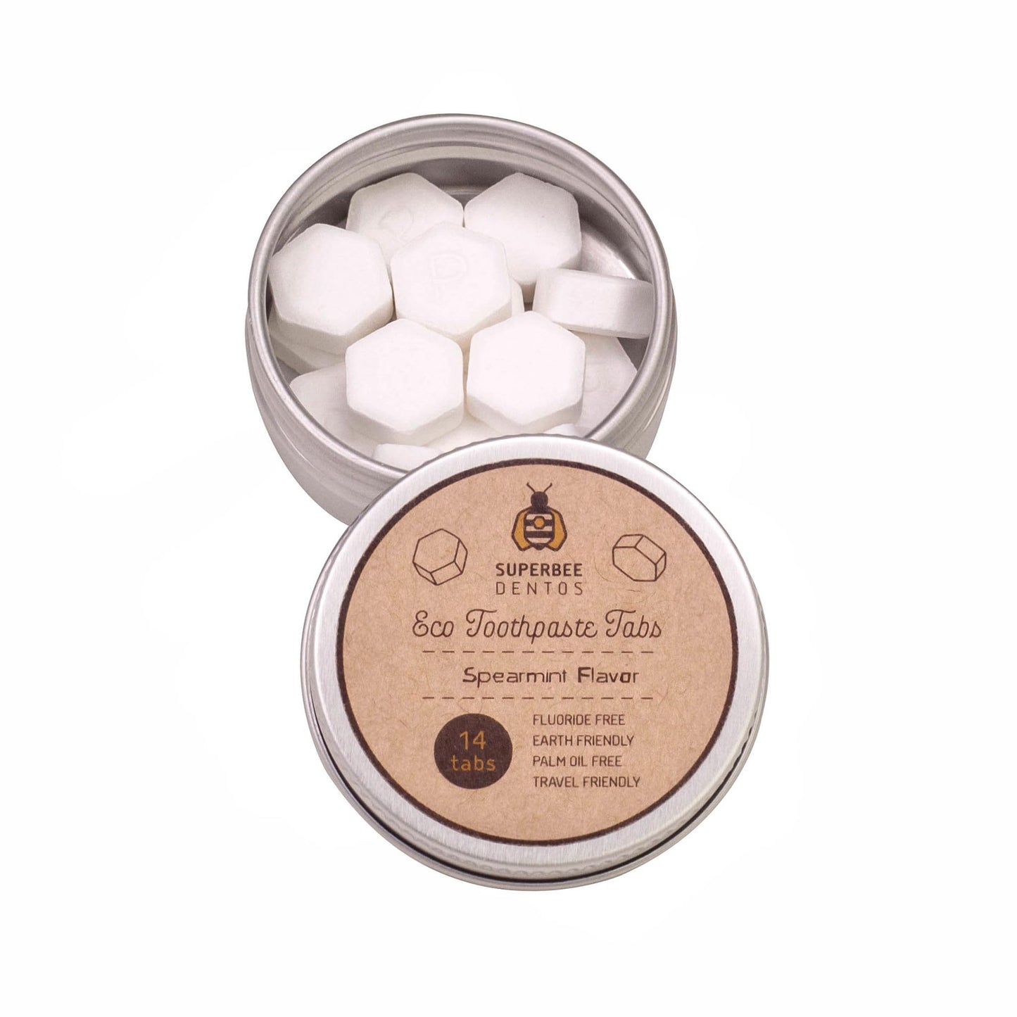 SuperBee Dentos Toothpaste Tablets – 14 Tabs, Fluoride Free, Spearmint, Eco-Friendly