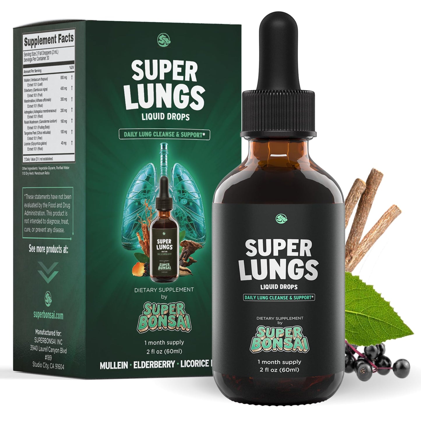 SuperBonsai Super Lungs Mullein Drops – Herbal Lung Support Tincture (2 oz)