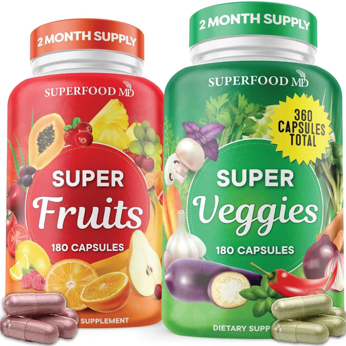 Superfood MD Fruit & Veggie Supplement – 360 Total Capsules (180 Per Bottle) Beta-Carotene, Soy Free – 2-Pack