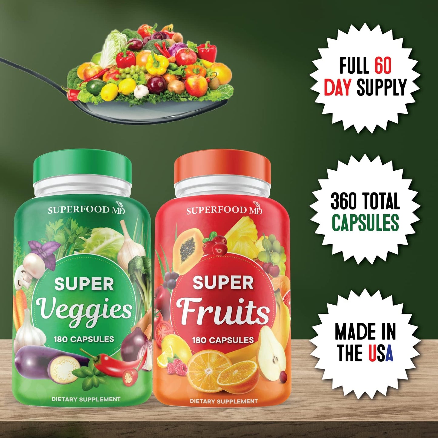 Superfood MD Fruit & Veggie Supplement – 360 Total Capsules (180 Per Bottle) Beta-Carotene, Soy Free – 2-Pack