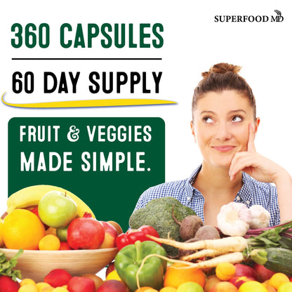 Superfood MD Fruit & Veggie Supplement – 360 Total Capsules (180 Per Bottle) Beta-Carotene, Soy Free – 2-Pack