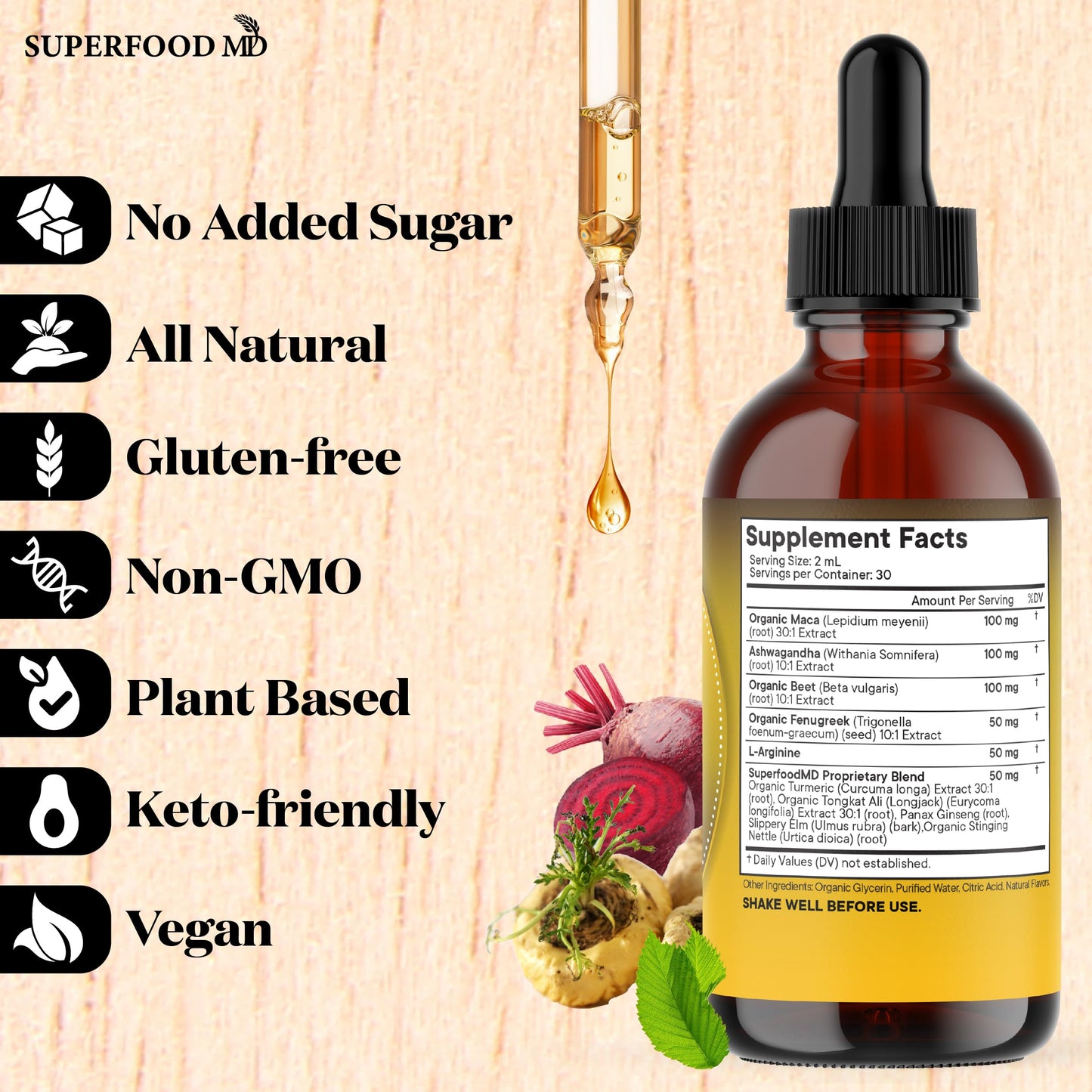 Superfood MD Maca Root Liquid Drops with Ashwagandha, Nettle, Beet Root & L-Arginine – 8 Oz