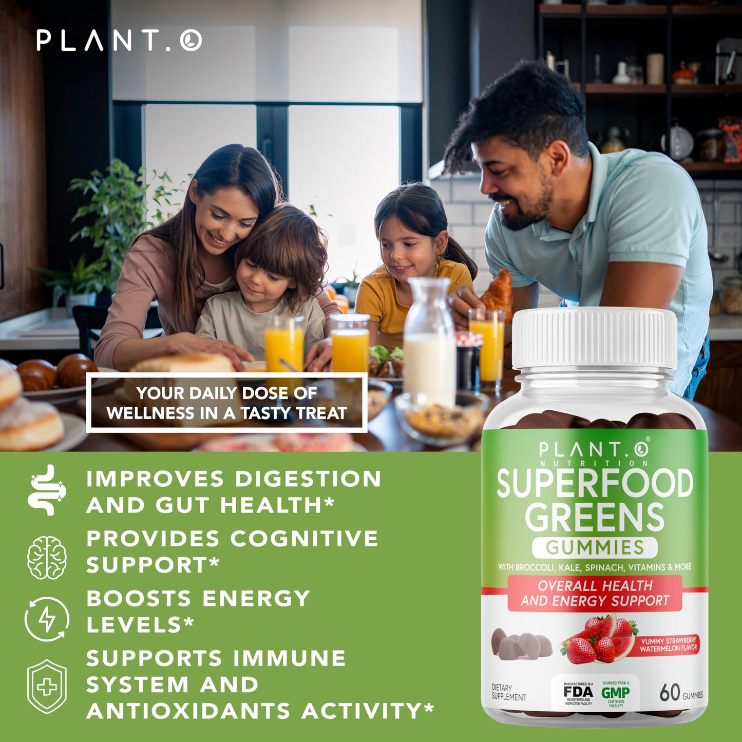 PLANT.O NUTRITION SuperGreens Gummies – Immunity, Gut & Cognition Support | Watermelon & Strawberry | 60 Gummies