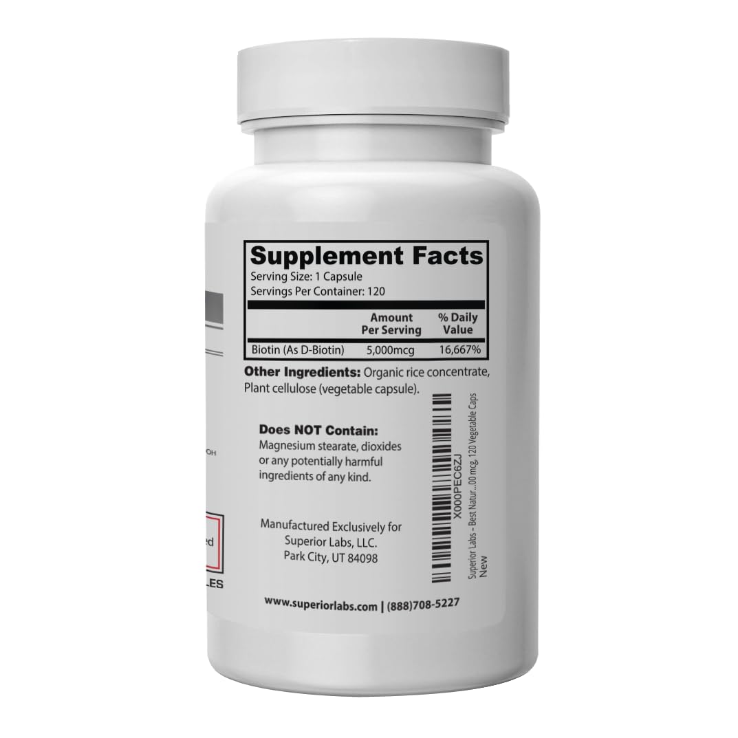 Superior Labs Biotin 5000 mcg Non-GMO – Hair, Nails & Lashes | 120 Veggie Caps