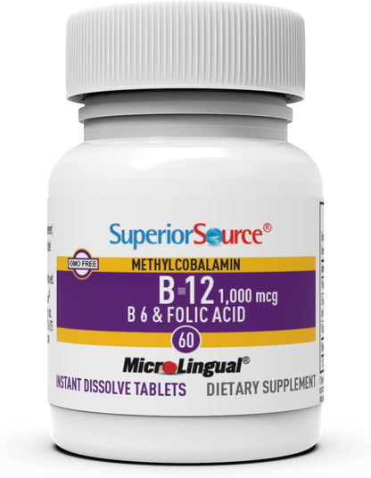 Superior Source No Shot B-12 Methylcobalamin 1000 mcg, B-6 & Folic Acid Sublingual Tablets – Energy & Brain Health