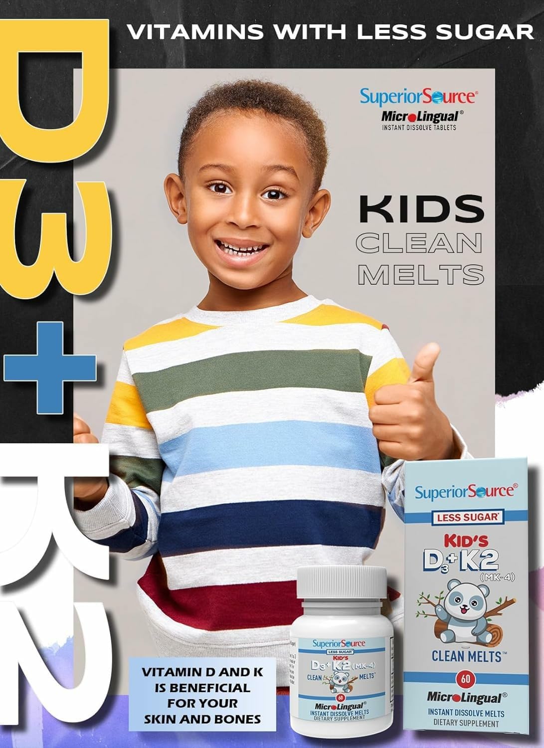 Superior Source Kid's D3 & K2 (MK-4) Multivitamin for Kids | Immune & Bone Support | 60 MicroLingual Tablets | Non-GMO