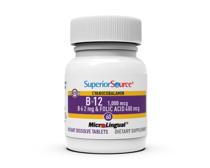 Superior Source No Shot B-12 Cyanocobalamin 1000 mcg + B-6 & Folic Acid 400 mcg – 60 Sublingual Tablets