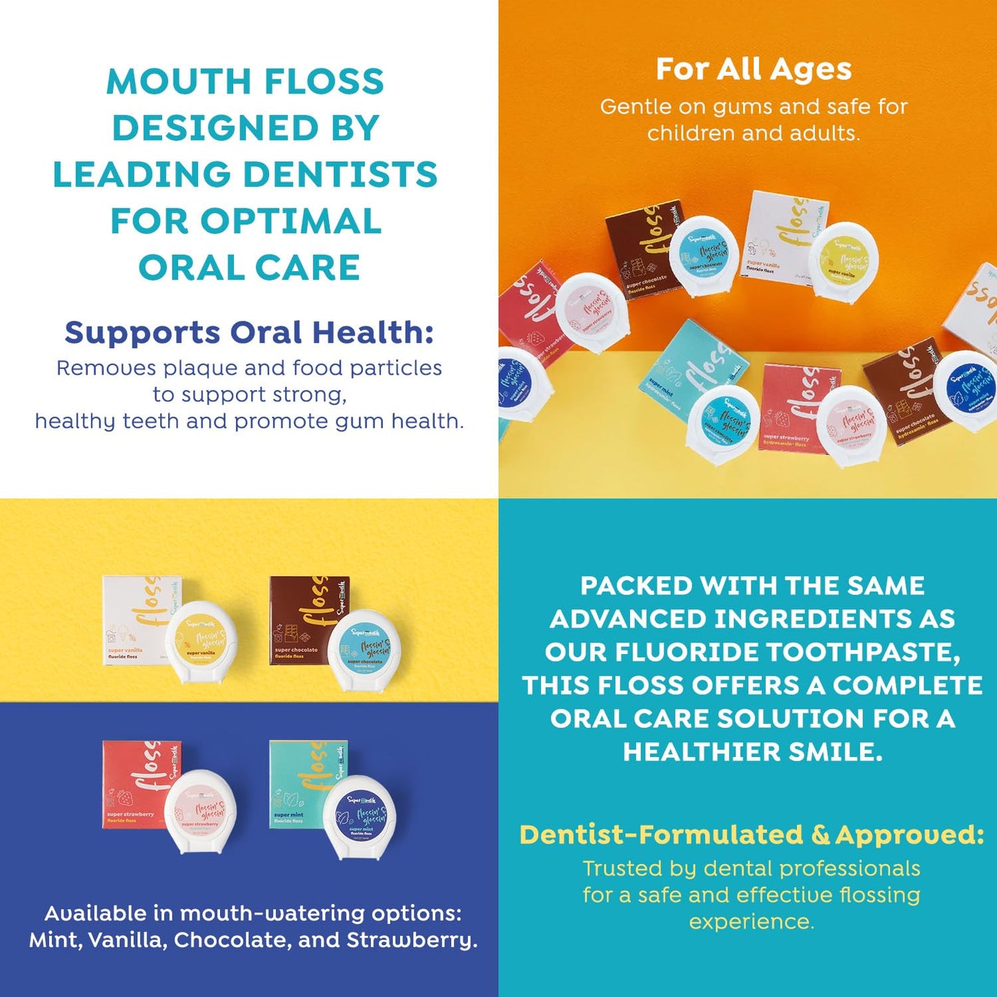 SuperMouth Fluoride Floss – Expanding Technology, 40% More Plaque Removal, Nano-Hydroxyapatite, D3 & K2, 4 Flavors
