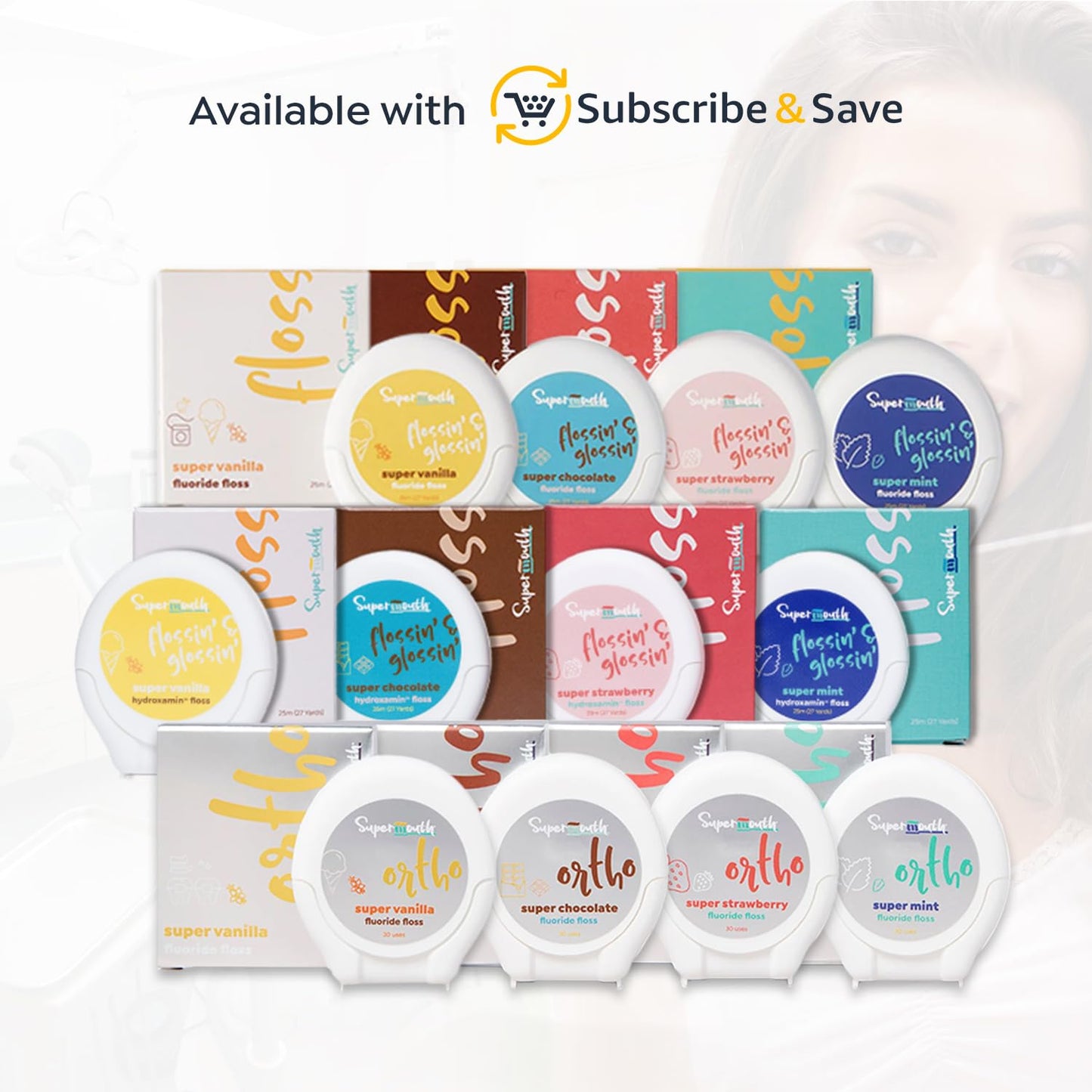 SuperMouth Fluoride Floss – Expanding Technology, 40% More Plaque Removal, Nano-Hydroxyapatite, D3 & K2, 4 Flavors