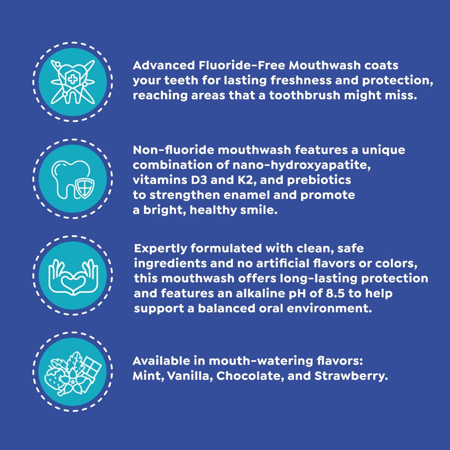SuperMouth® Fluoride-Free Mouthwash – Nano-Hydroxyapatite, D3 & K2, Prebiotics, Alkaline pH 8.5, Alcohol-Free | 4 Flavors