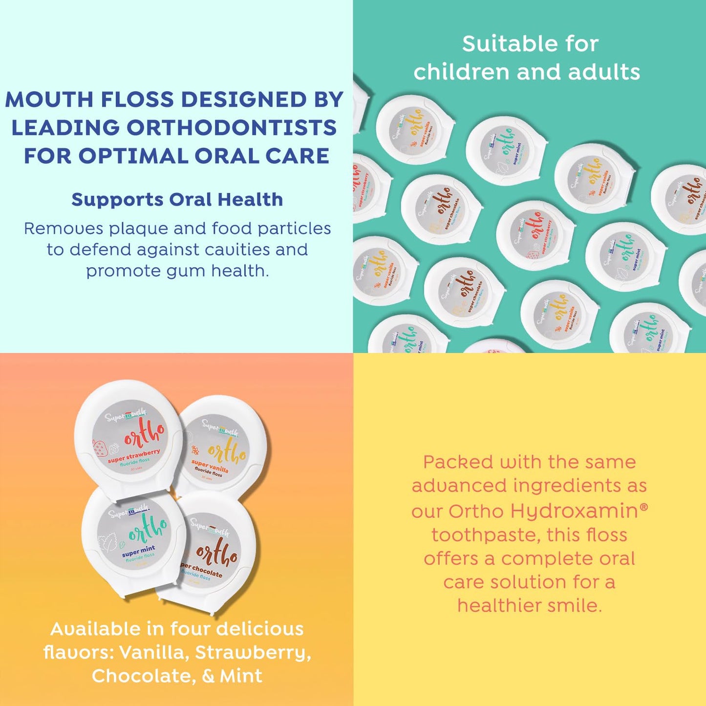 SuperMouth Ortho Floss – Patented Expanding Floss with Fluoride, Nano-Hydroxyapatite & Xylitol | 4 Flavors