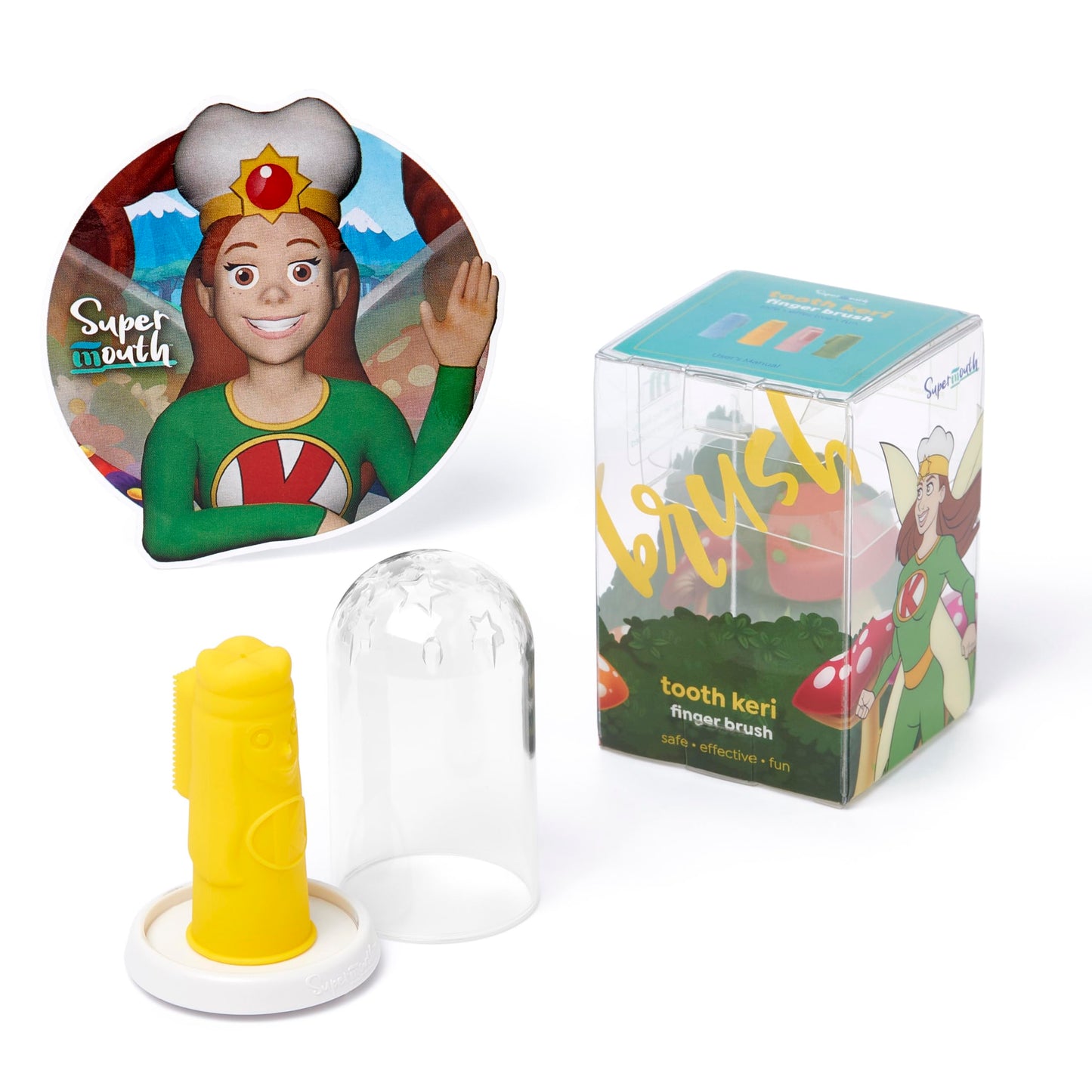 SuperMouth Tooth Keri Baby Finger Brush – Soft Silicone Bristles, Bite Block, Light-Up Wand, AR App, Teething to 2 Years, 4 Colors