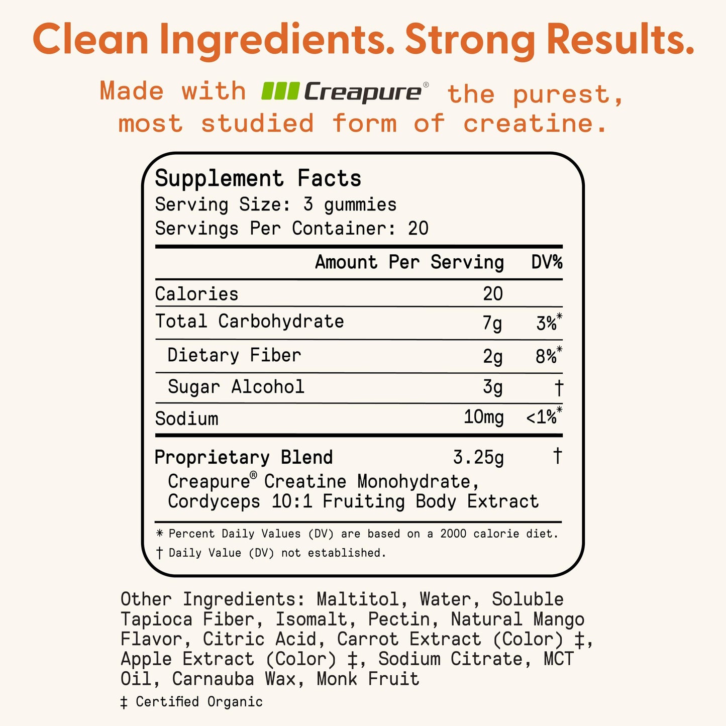 SuperMush Daily Creatine Gummies with Cordyceps – Sugar-Free Vegan Creatine Monohydrate for Strength, Focus & Recovery