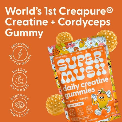 SuperMush Daily Creatine Gummies with Cordyceps – Sugar-Free Vegan Creatine Monohydrate for Strength, Focus & Recovery