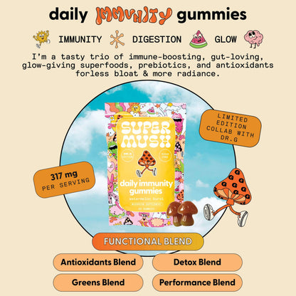 SuperMush Dr. G Daily Greens Gummies – Sugar Free Vegan Immunity & Gut Health (60 Ct)