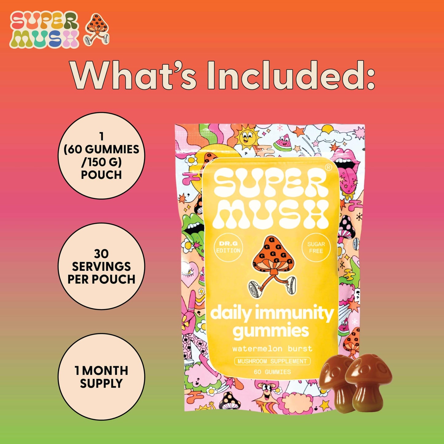 SuperMush Dr. G Daily Greens Gummies – Sugar Free Vegan Immunity & Gut Health (60 Ct)