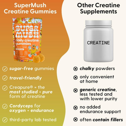 SuperMush Daily Creatine Gummies with Cordyceps – Sugar-Free Vegan Creatine Monohydrate for Strength, Focus & Recovery