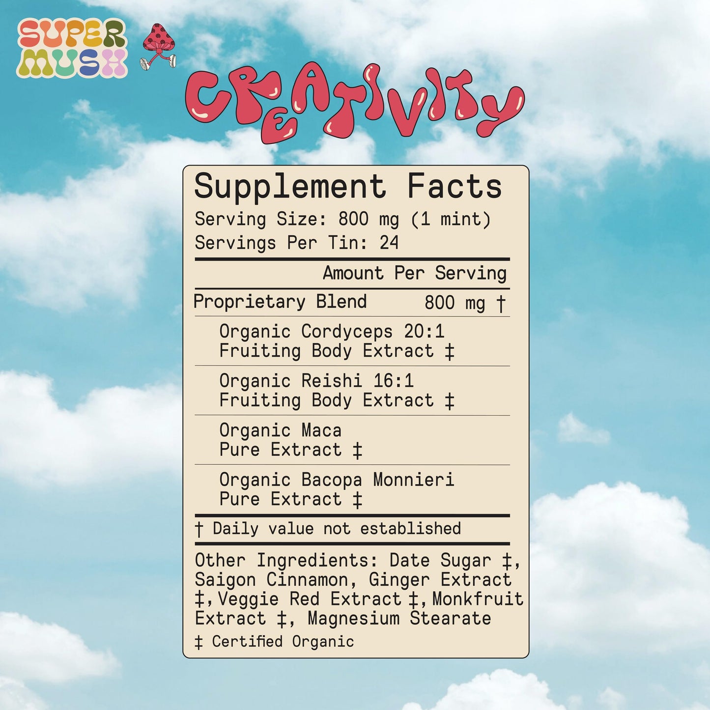 SuperMush Daily Creativity and Connection SuppleMint | Cordyceps, Reishi, Maca & Bacopa Monnieri Mixed Mushrooms Extract | Pure Breath Mint for Creativity & Connection | 20g Organic Mushroom Mint