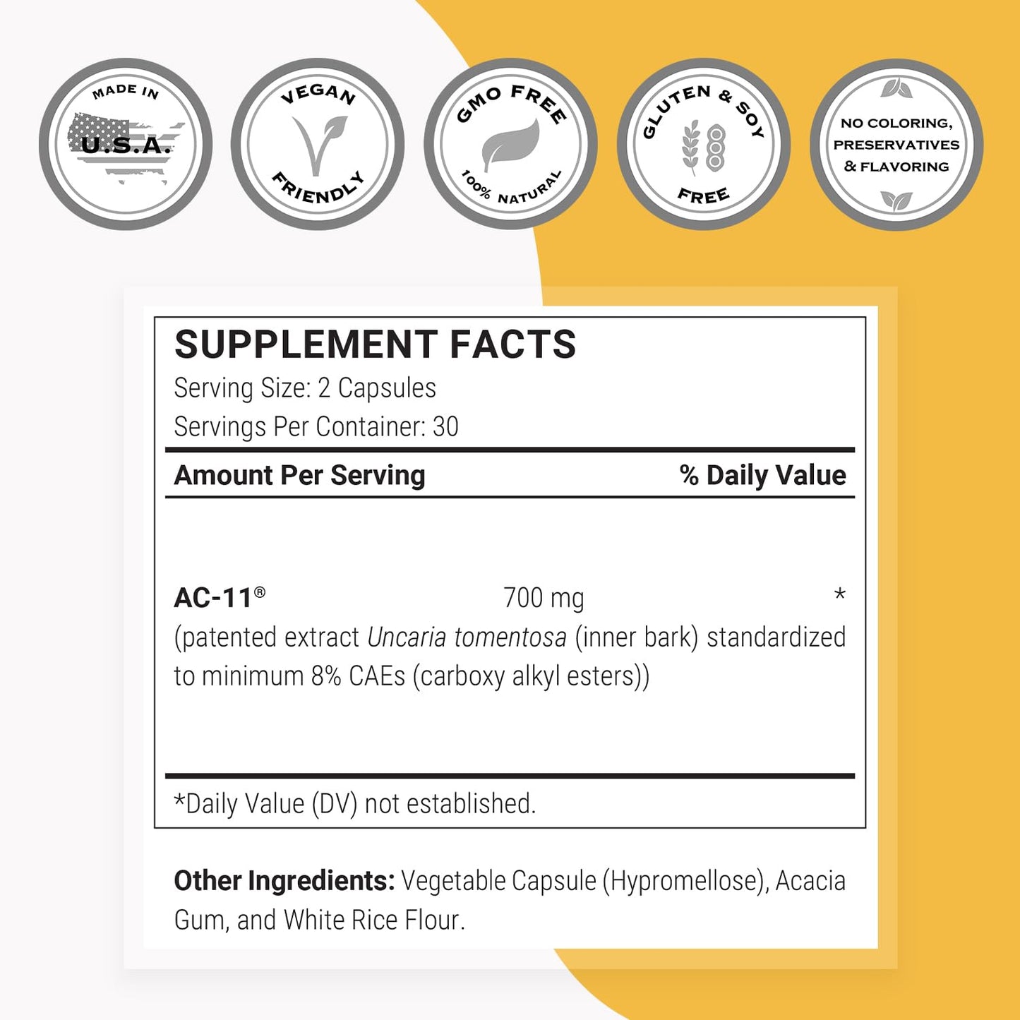 Supersmart AC-11 Supplement 700mg per Day (Cat's Claw Extract) - Uncaria Tomentosa Bark | Non-GMO & Gluten Free - 60 Vegetarian Capsules