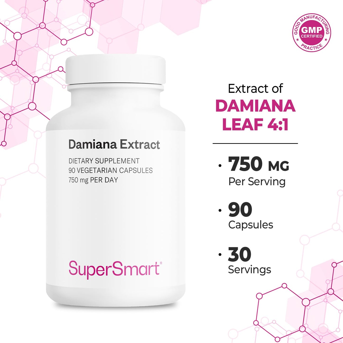 Damiana Extract 750mg per Day – Supersmart (Turnera Herb) | Non-GMO & Gluten Free | 90 Vegetarian Capsules