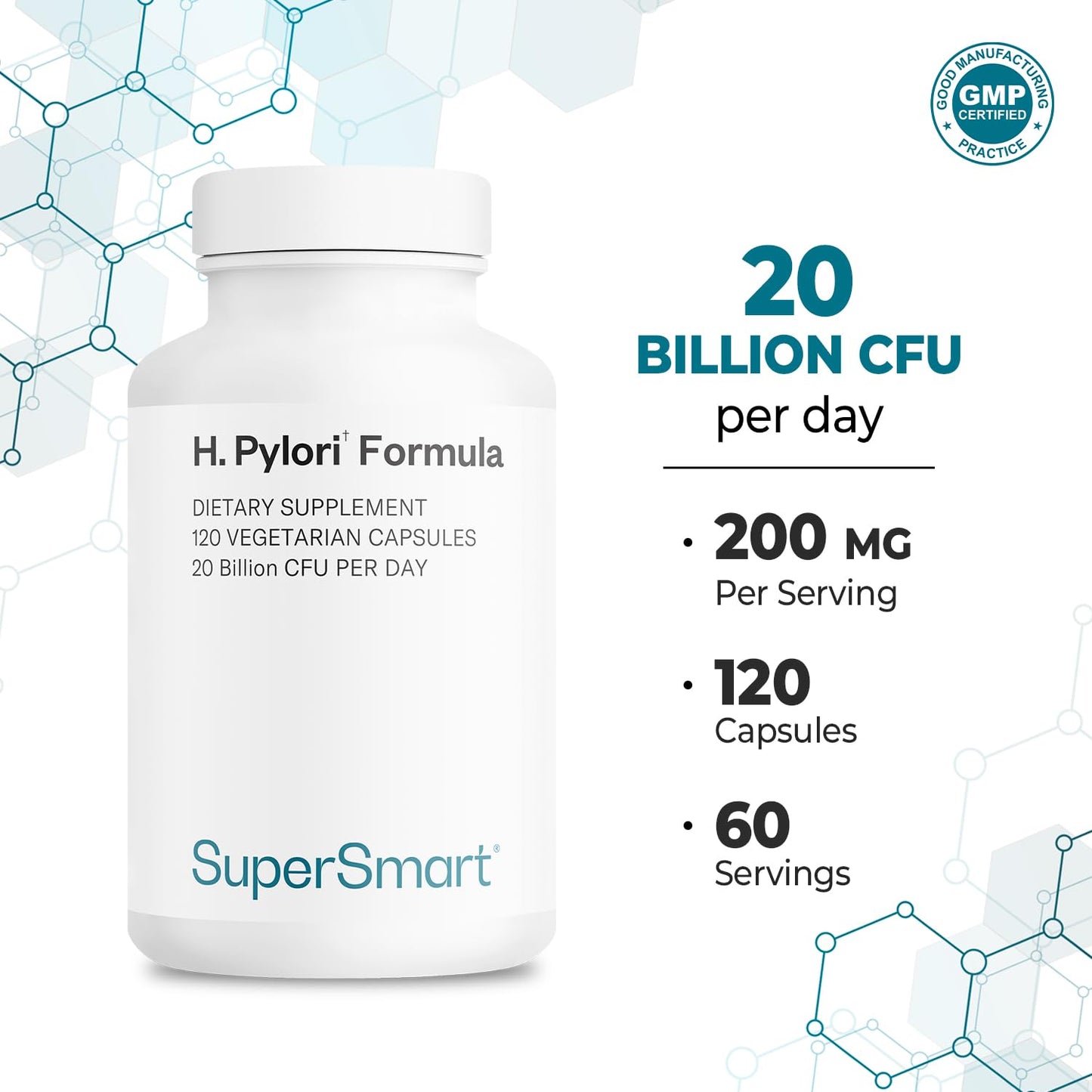 Supersmart H. Pylori Formula – 20B CFU Probiotic (L. reuteri DSM17648) | Non-GMO, Gluten Free, 120 Veggie Capsules