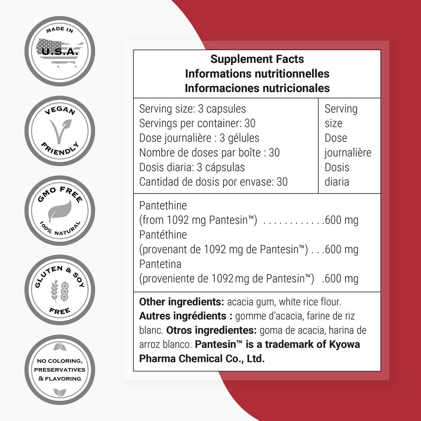 Supersmart Pantesin Pantethine 600 mg per Day - Pantothenic Acid (Vitamin B5) - Non-GMO & Gluten Free - 90 Vegetarian Capsules