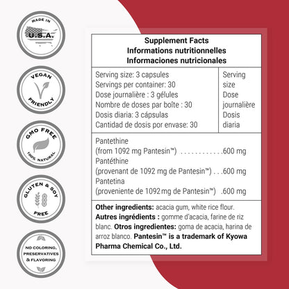 Supersmart Pantesin Pantethine 600 mg per Day - Pantothenic Acid (Vitamin B5) - Non-GMO & Gluten Free - 90 Vegetarian Capsules