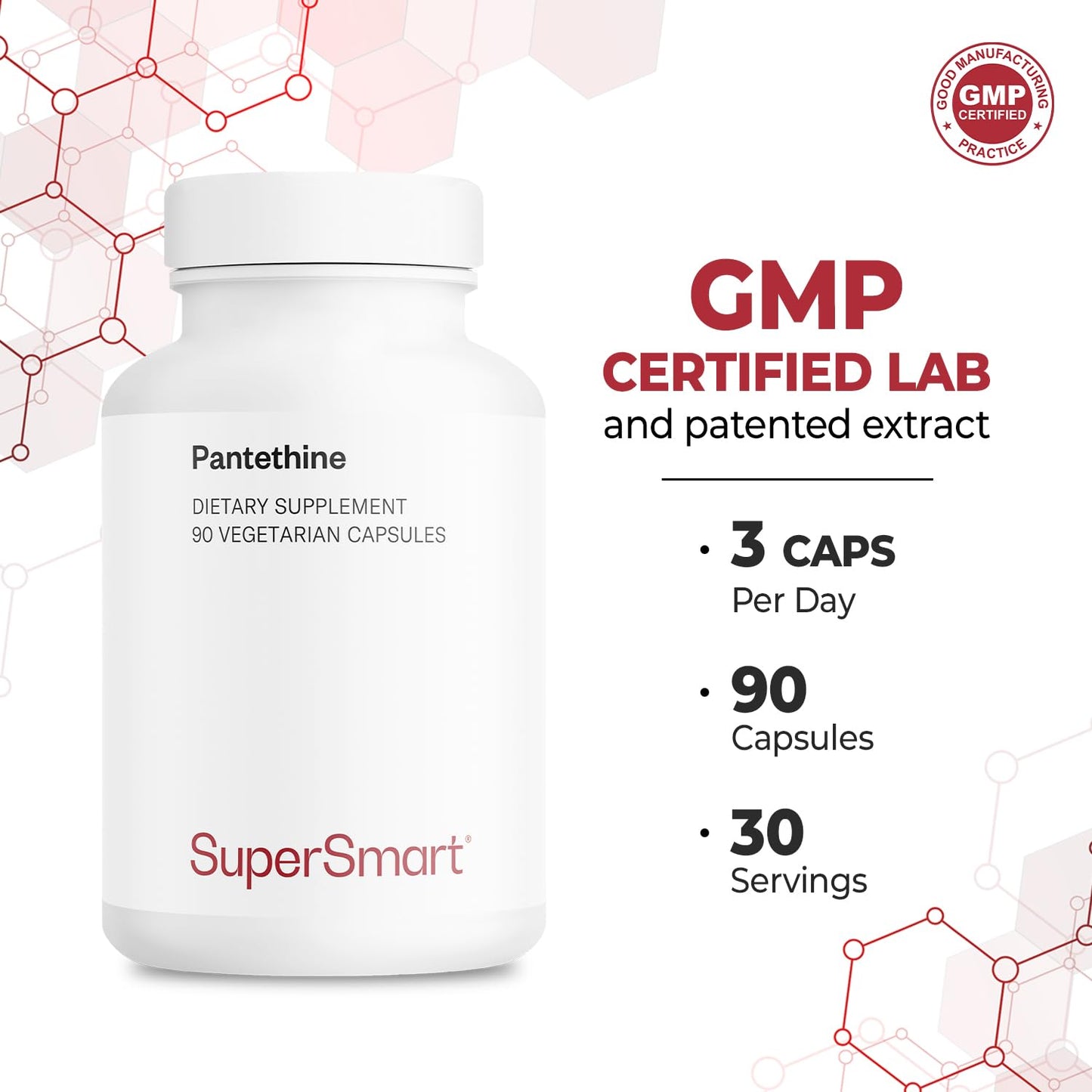 Supersmart Pantesin Pantethine 600 mg per Day - Pantothenic Acid (Vitamin B5) - Non-GMO & Gluten Free - 90 Vegetarian Capsules