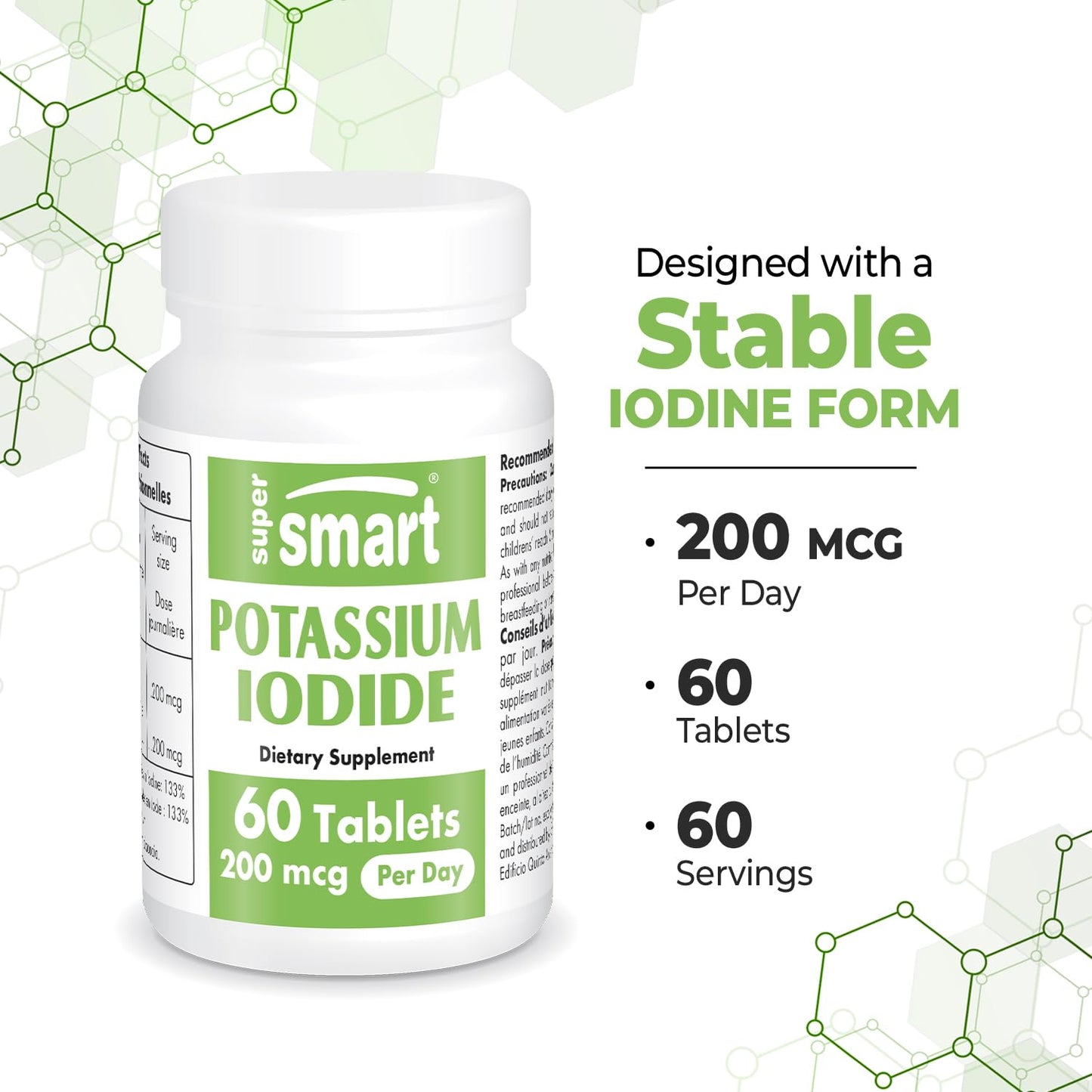 SuperSmart Potassium Iodide KI 200mcg Daily (Stable Iodine) - High Potency Shield | Non-GMO & Gluten Free | 60 Tablets