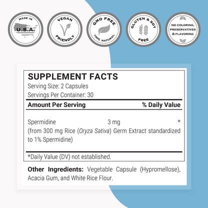 Supersmart Spermidine 3mg Daily - Rice Starch Extract, Non-GMO, Gluten Free, 60 Veg Capsules