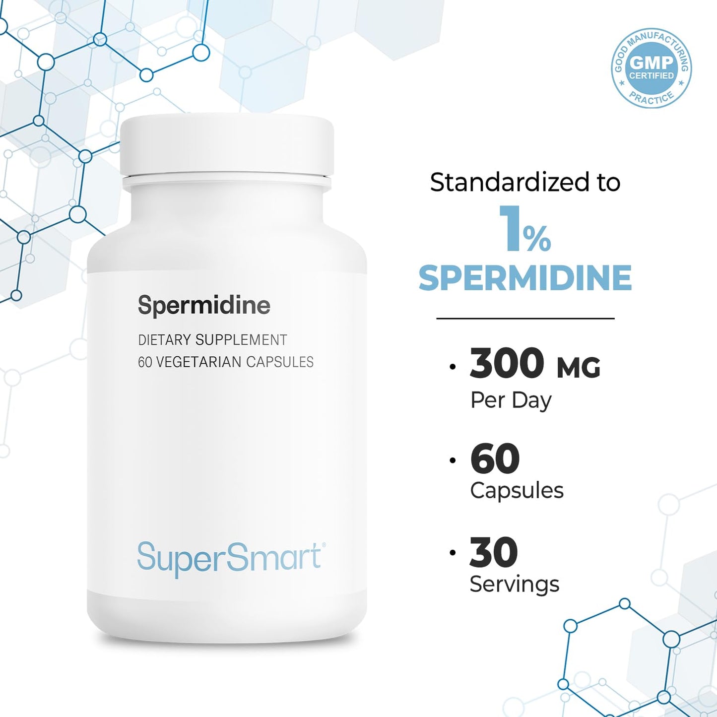 Supersmart Spermidine 3mg Daily - Rice Starch Extract, Non-GMO, Gluten Free, 60 Veg Capsules