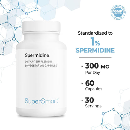 Supersmart Spermidine 3mg Daily - Rice Starch Extract, Non-GMO, Gluten Free, 60 Veg Capsules