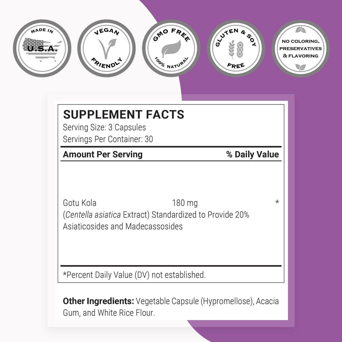 Supersmart Centella Asiatica 180mg/day – Gotu Kola Extract Supplement – Non-GMO, Gluten Free – 90 Veg Capsules