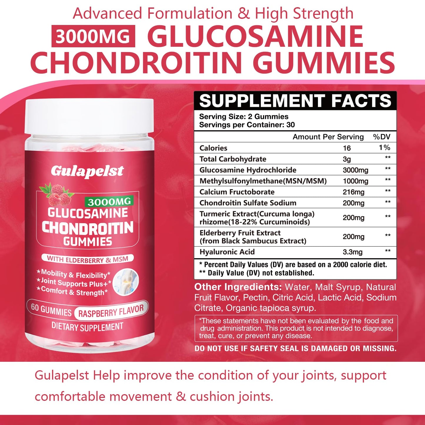 2 Packs 3000MG Glucosamine Chondroitin Gummies – Extra Strength Joint Health, MSM & Elderberry | 120 Gummies