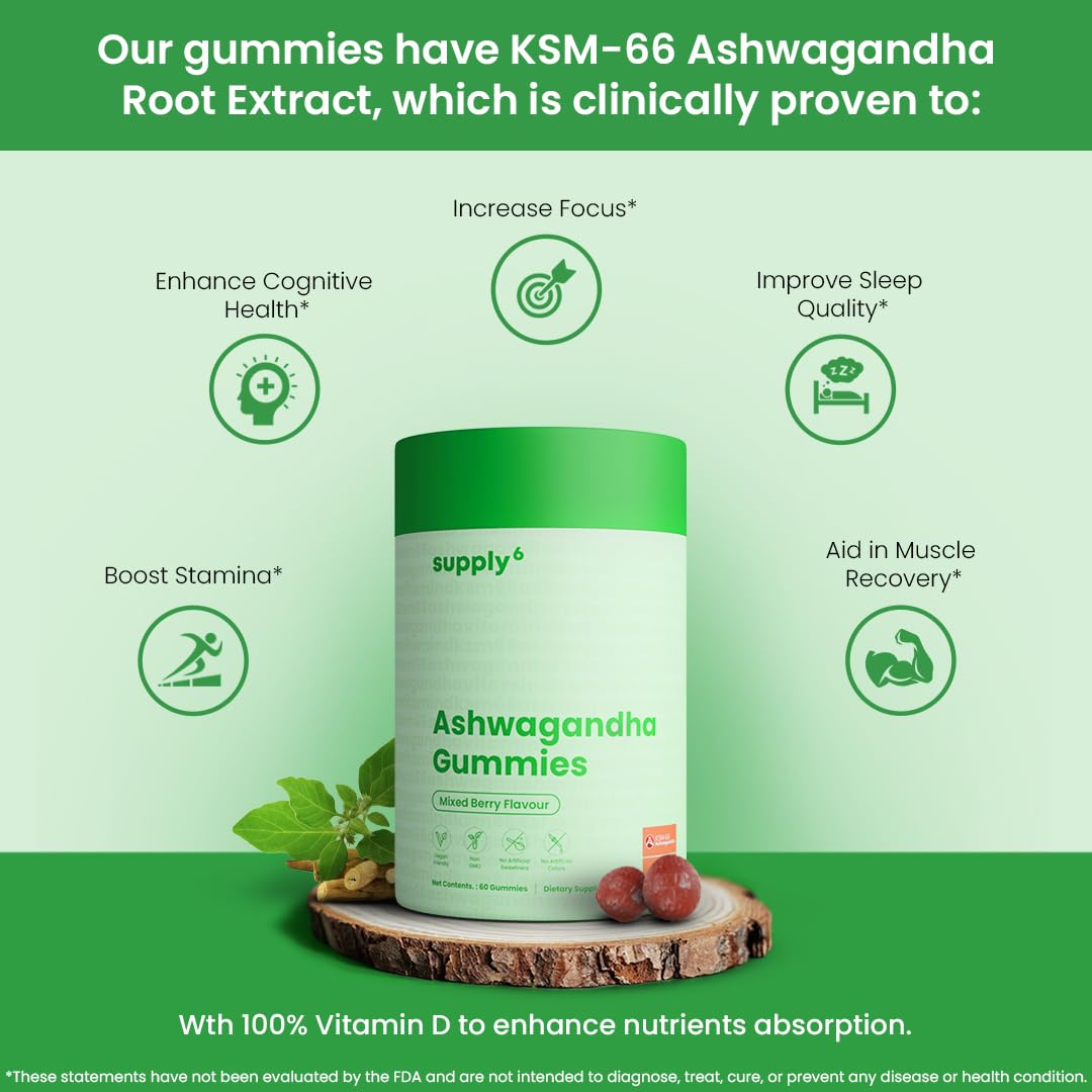 SUPPLY6 KSM-66 Ashwagandha + Vitamin D Gummies - 60 Count, Mixed Berry | Vegan