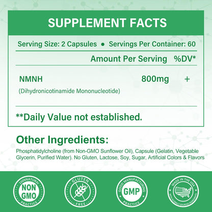 SUPRANOURISH Pure NMNH Supplement 120 Capsules | 800mg NAD+ Boost for Anti-Aging & Cellular Energy