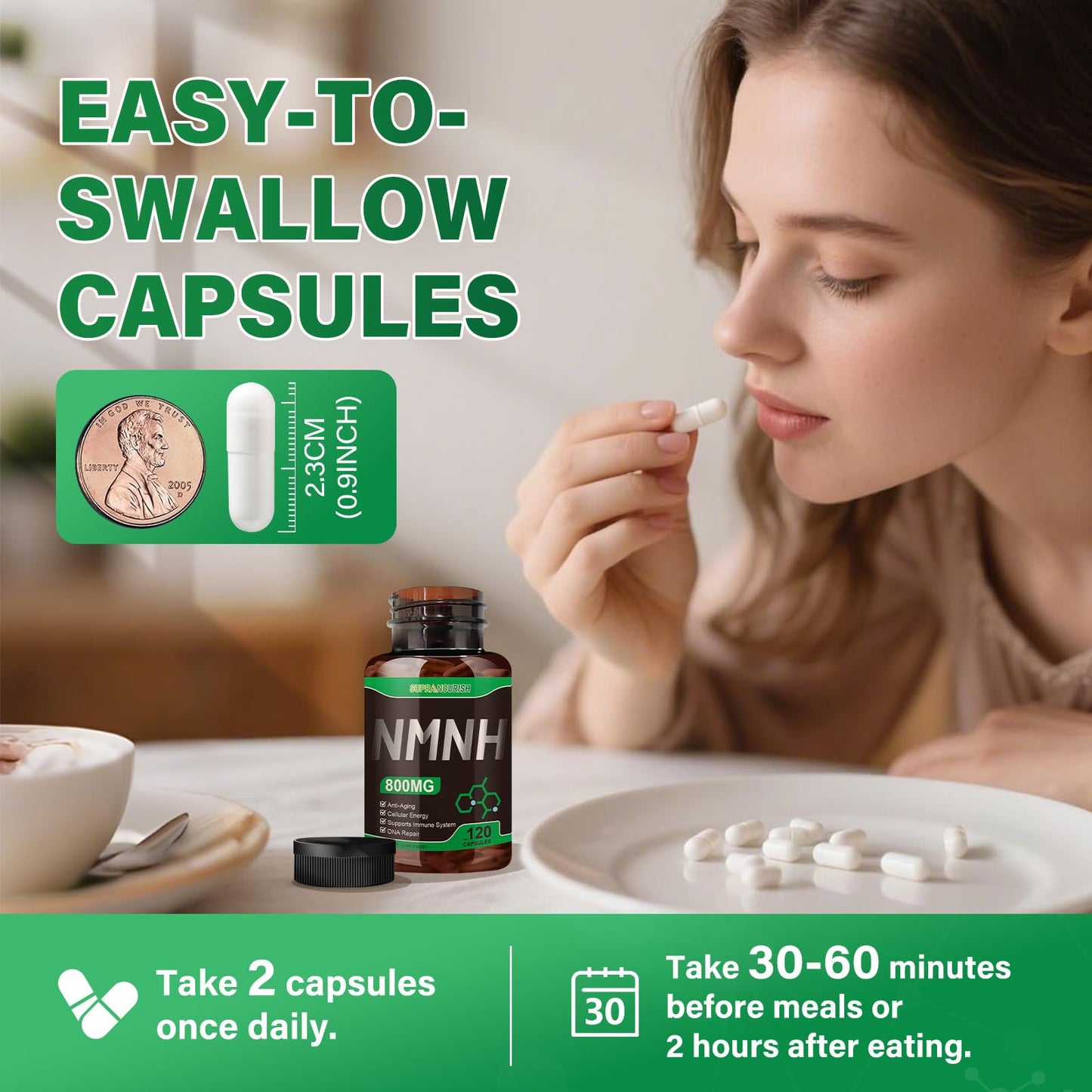 SUPRANOURISH Pure NMNH Supplement 120 Capsules | 800mg NAD+ Boost for Anti-Aging & Cellular Energy